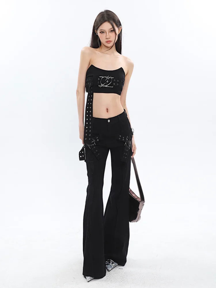 SHENGPALAE Fashion Women's Denim 3 Piece Sets Metal Design Fishbone Strapless Belt Mini Skirt Flare Jeans Summer 2023 New 5R5066