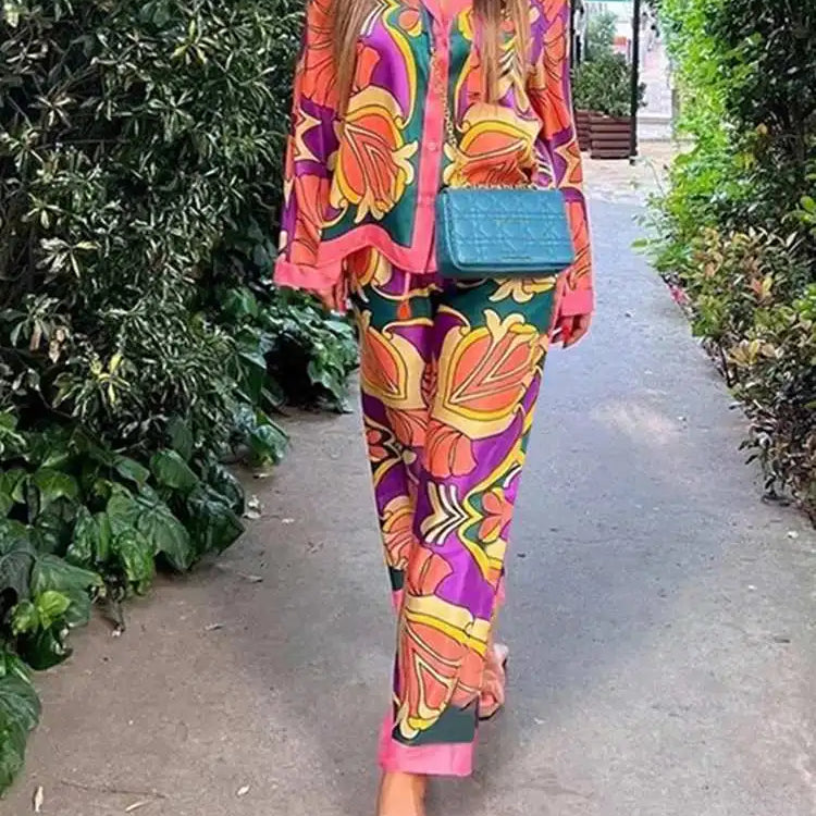 Women Printed Long Sleeve Blouse and Loose Pants Casual Outfits Loose Streetwear Loungewear Oversized ZANZEA Set Tracksuits Orange