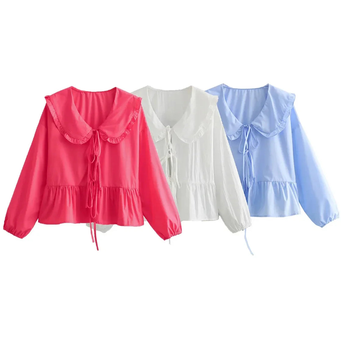 EDSA Women Elegant Ruffles Shirt Summer Blouse with Peter Pan Collor Lantern Sleeves Bow Buttons Sweet Soft Top