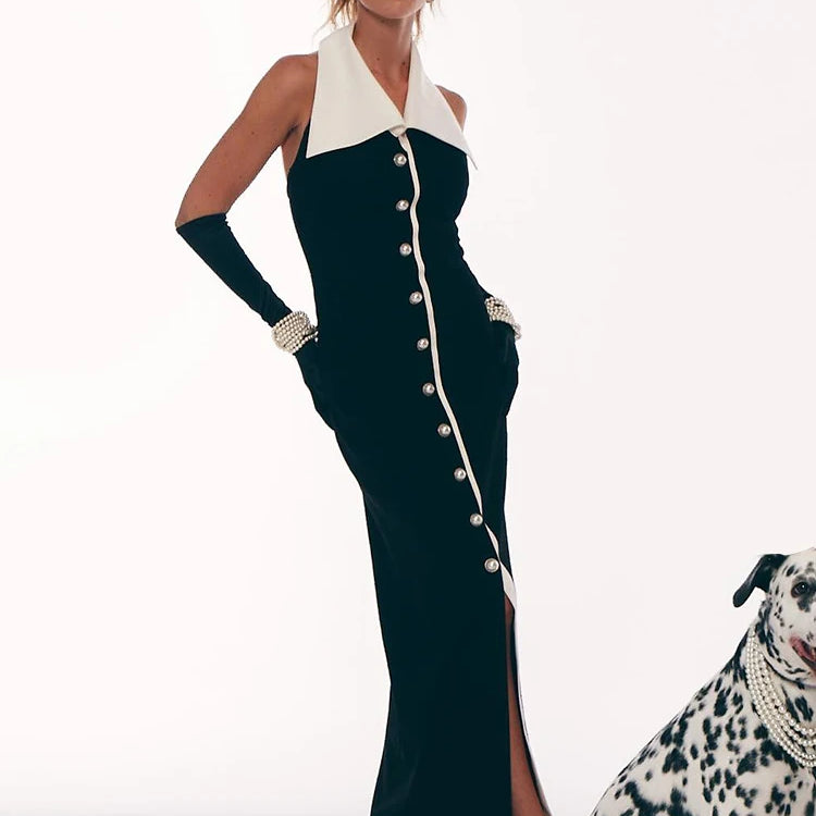 VC Formal Pearl Button Pleat A-line Black Midi Dress Color Contrasting Turndown Collar Single Breasted Party Evening Gowns