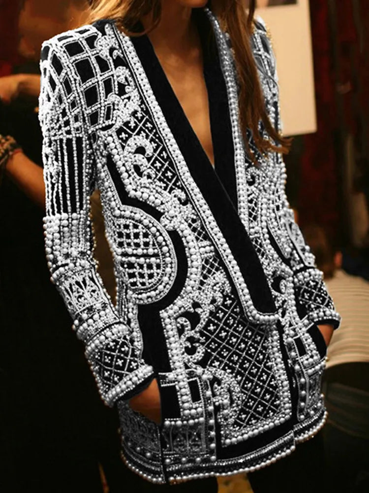Stylish Designer Jacket Women's V-neck Long Sleeve Luxurious Metallic Beaded Long Blazer