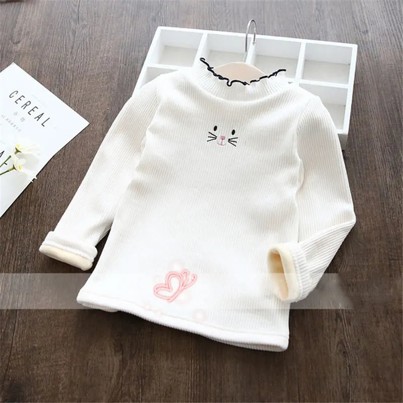 Fashion Girls Sweaters 2024 Winter Children Clothes Cartoon Kids Tops Warm Velvet Thick Kids Sweater Girls Outwear Sweater WHITE