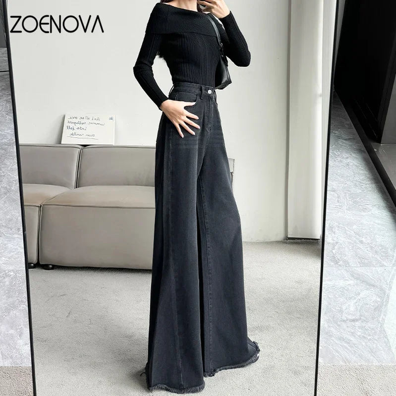 Spring Autumn New Fashion Women's Jeans Street Casual Wide Leg Pants Loose Straight Raw Edge Trousers Y2K Flared Pant