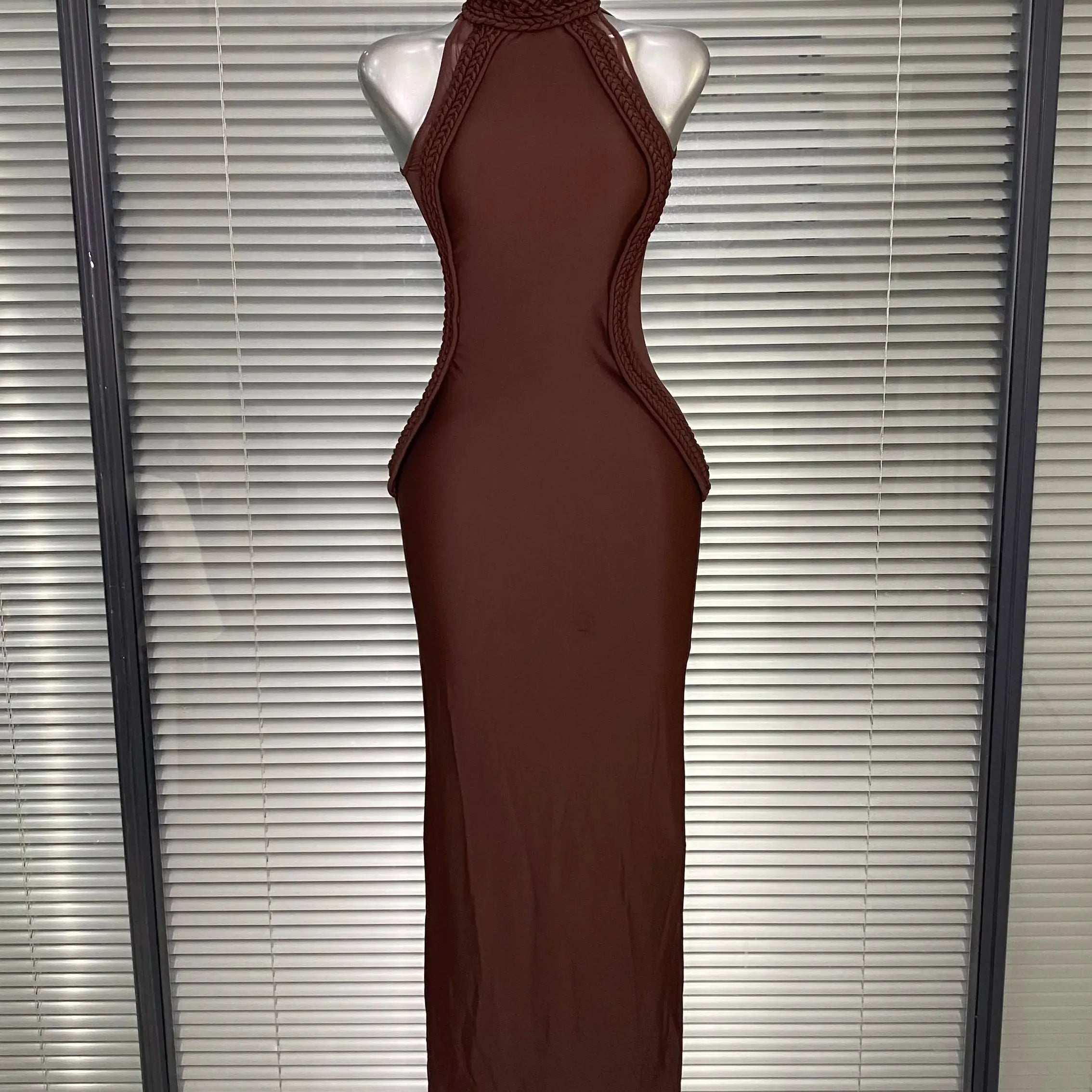 Brand New Women Sexy Sleeveless Brown Lace Long Dress Brown High Street Celebrity Party Dress