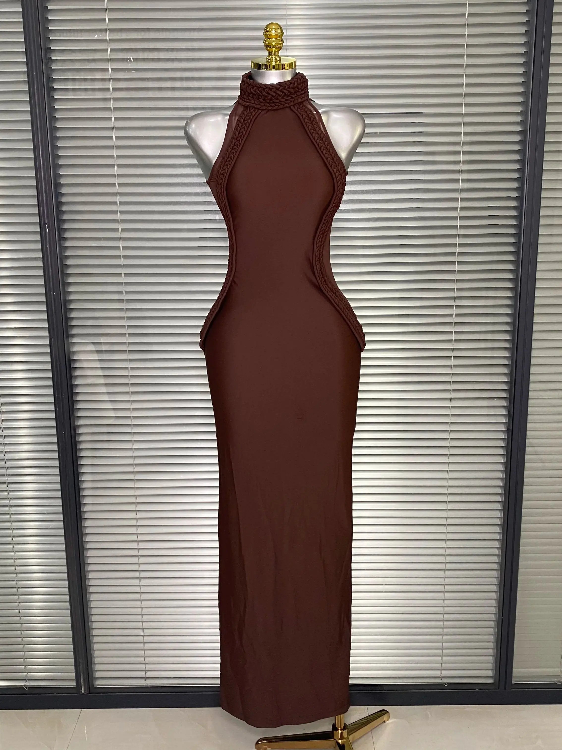 Brand New Women Sexy Sleeveless Brown Lace Long Dress Brown High Street Celebrity Party Dress