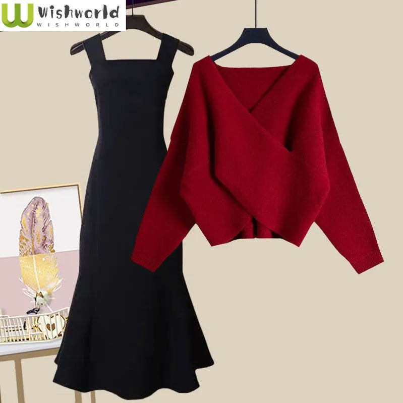 Autumn and Winter Set Women's New Korean Version Slim Cross Sweater Strap Fishtail Skirt Two Piece Set Fashion