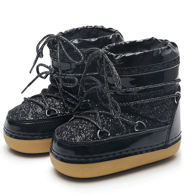 Winter Women Snow Boots Parent-Kid Waterproof Platform Non-slip Boots Children Boys Girls Lace-up Glitter Cotton Ski Boots black 1