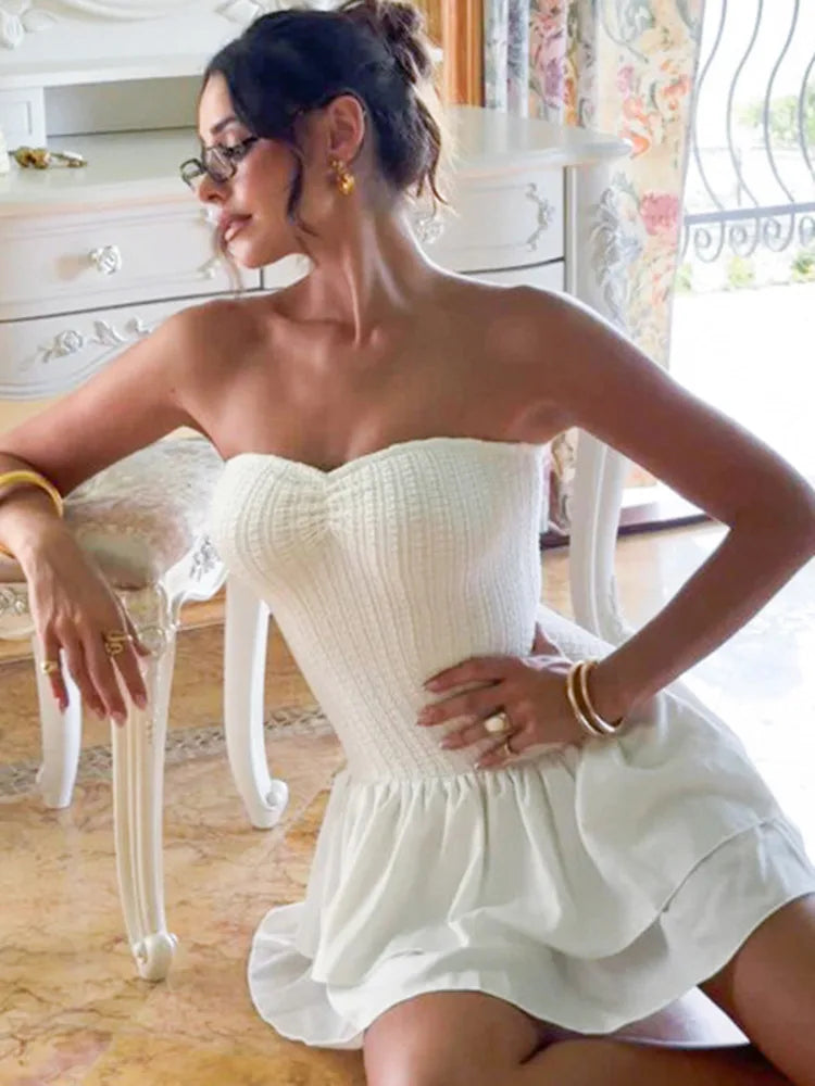 Off-shoulder Strapless Sexy Mini Dress For Women White Spaghetti Strap Sleeveless High Waist A-line Cake Dress Vestido