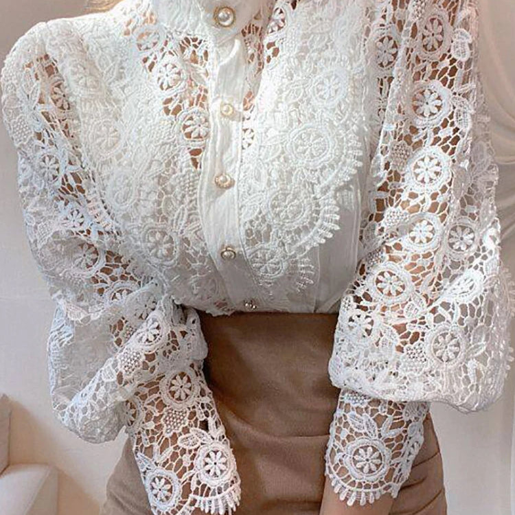 Women Chiffon Button Turtleneck Shirt Chic Elegant Floral Lace Fluffy Long Sleeve Top Fashion Hollow Oversize White Blouse 2025