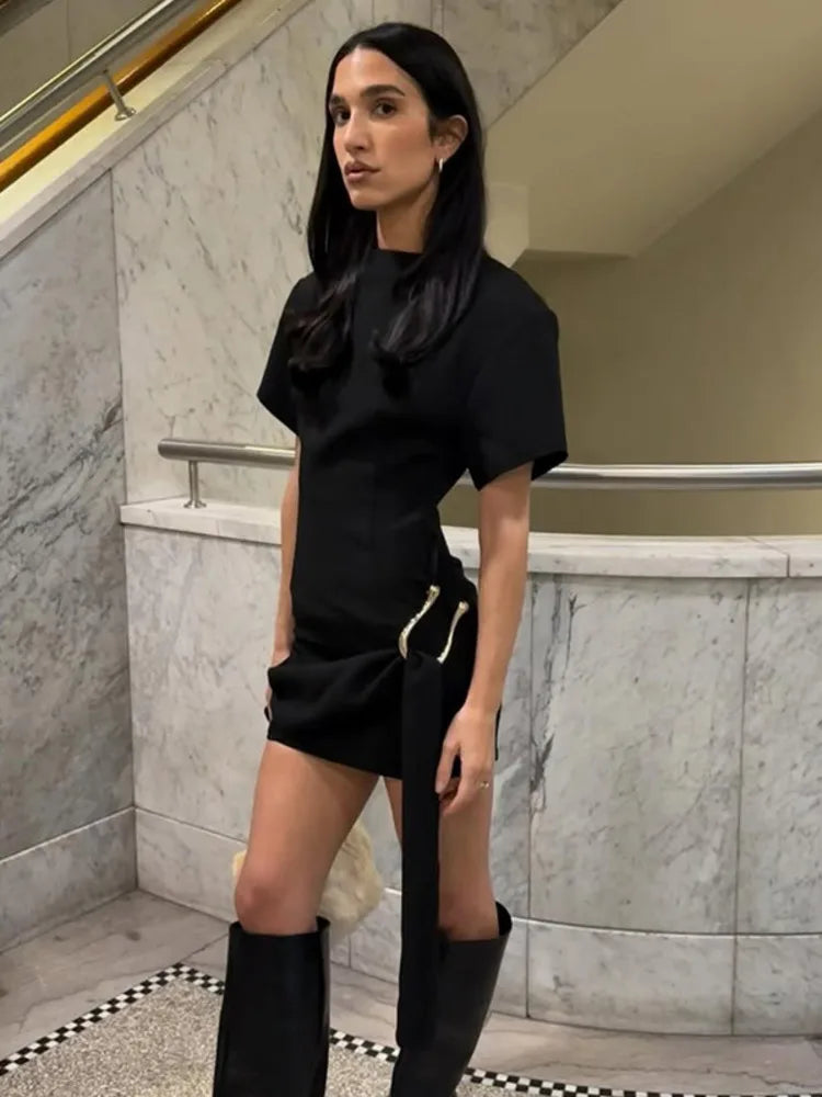 Short Sleeve Draped Sexy Mini Dress For Women Black Metal Buckle O Neck High Waist Bodycon Club Dress Vestido Clothes