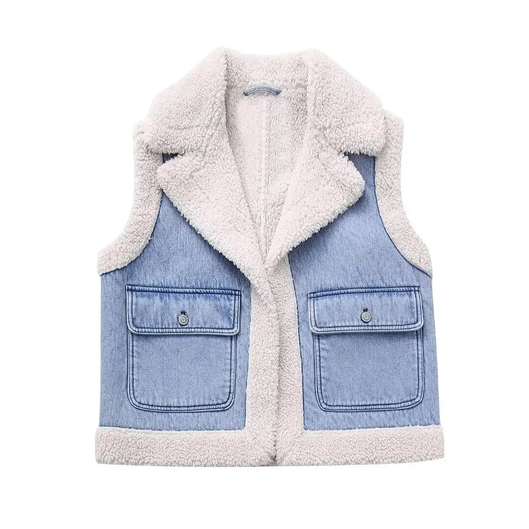 Women Fashion Turn Down Collar Lamb PatchworkWashed Denim Vest Jacket Female Sleeveless Pockets WaistCoat Tops CT5477