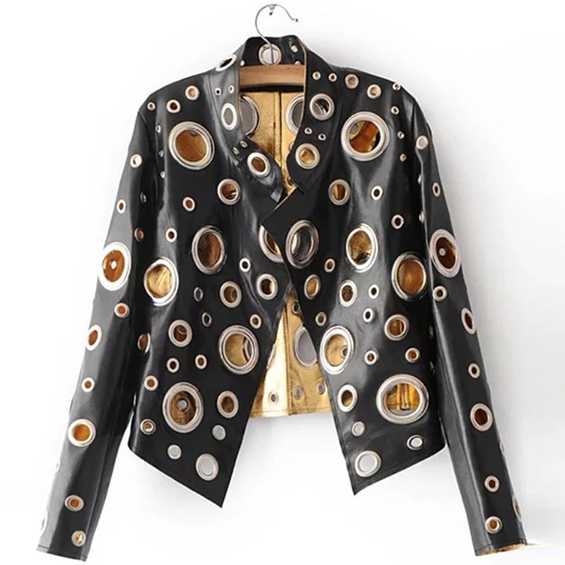 Runway Cut Out Short Faux Leather Jacket Golden Rivet Cool Stylish Designer Clothes Women European American Fashion Black