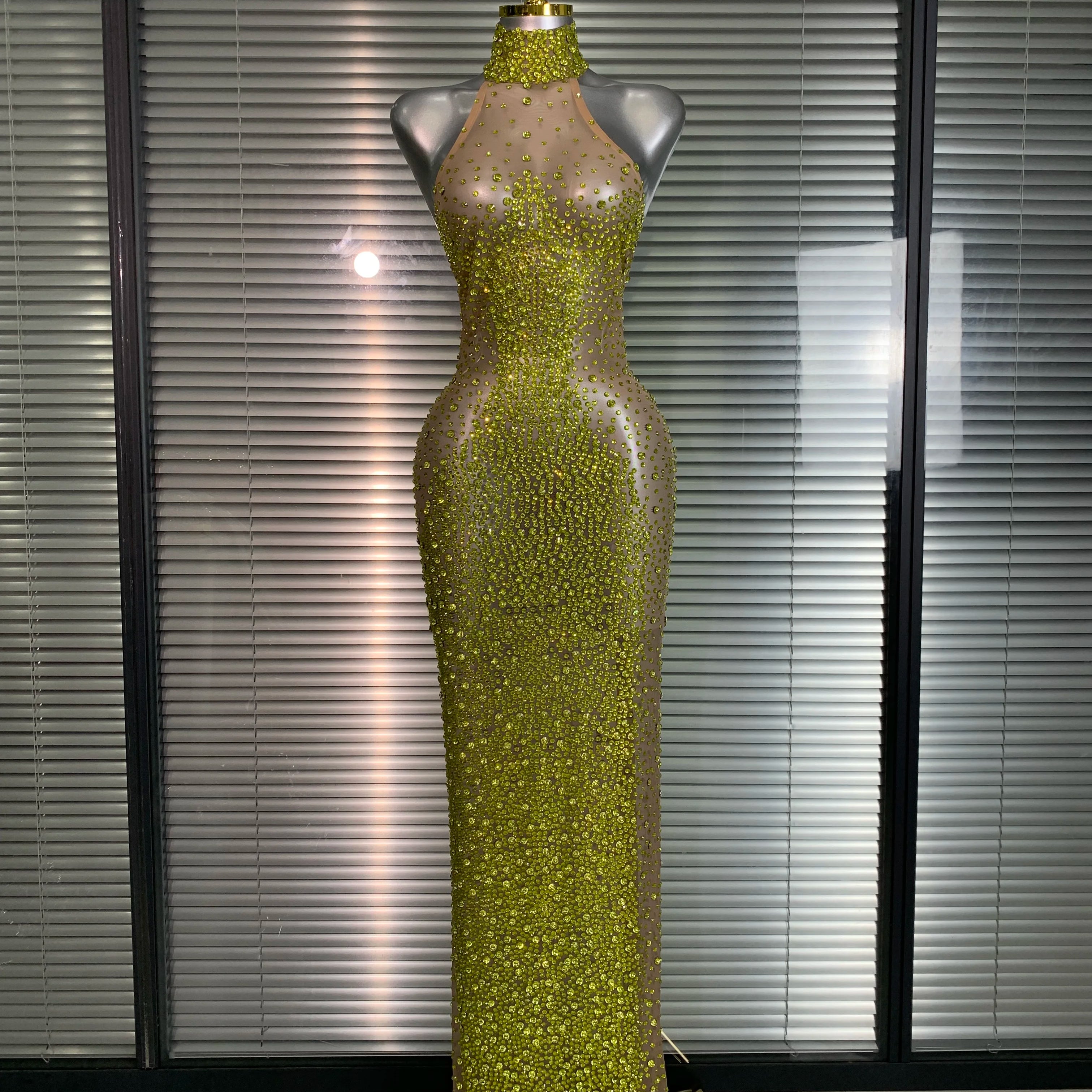 Women Sexy Mesh Crystal Diamonds Shinning Maxi Dress See Through Sheer Party Singer Stage Performance Costume