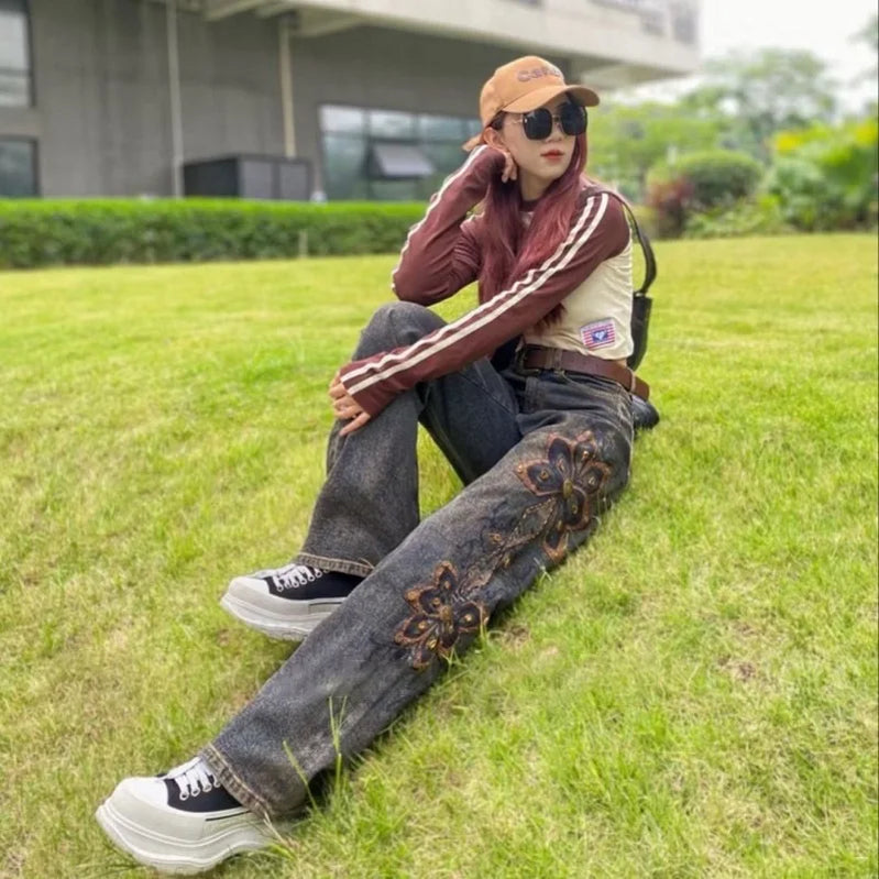 Summer Hollow Lace Jeans Women Panel Diamond Butterfly Feet Slim Fit Embroidered Long Pants Loose Hip Wrap Vintage Stretch 2024