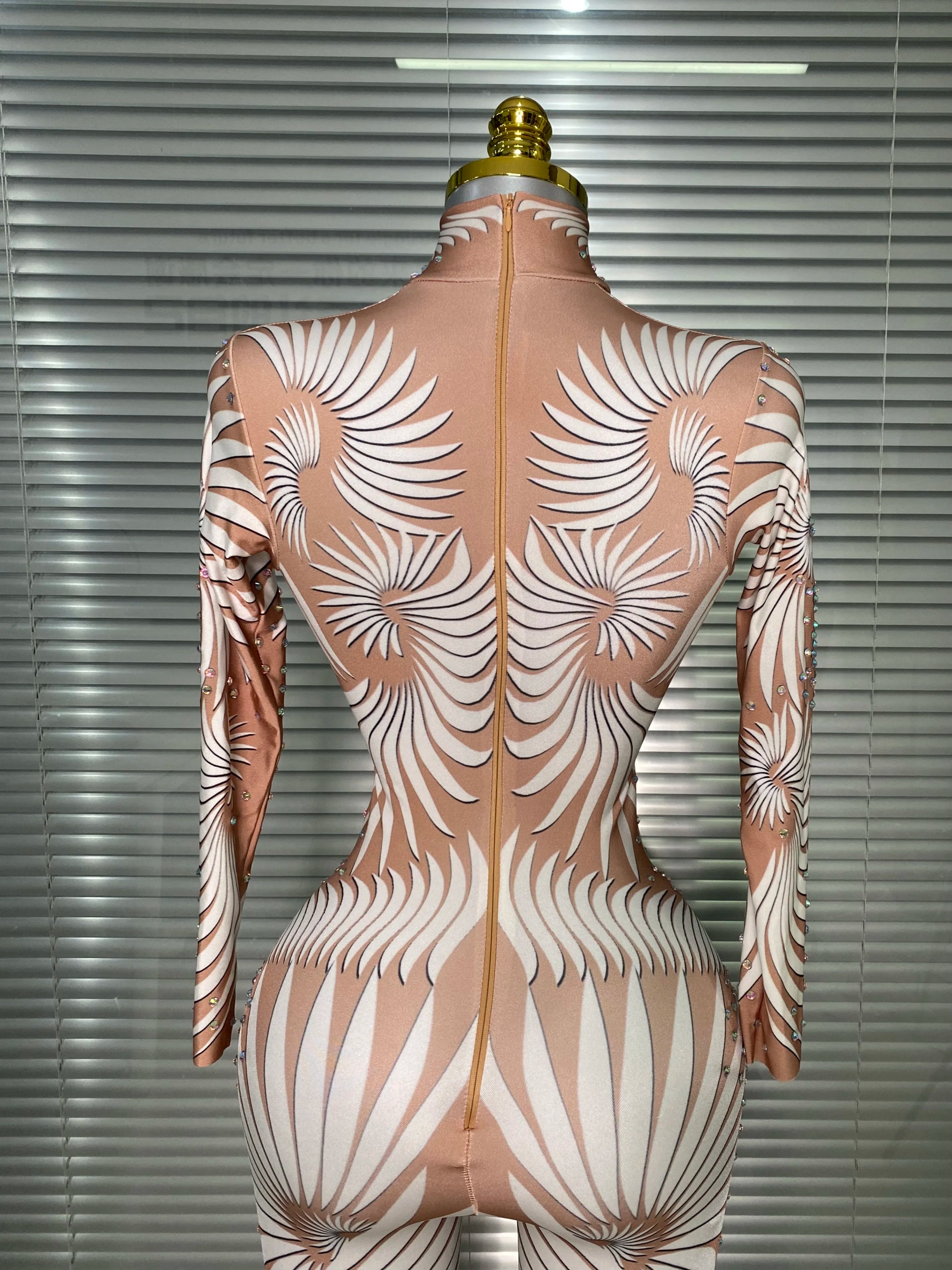 New 2025 Women Sexy Print Crystal Skin Bodycon Jumpsuit Celebrity Designer Stretchy Singer Dancer Night Club Rompers