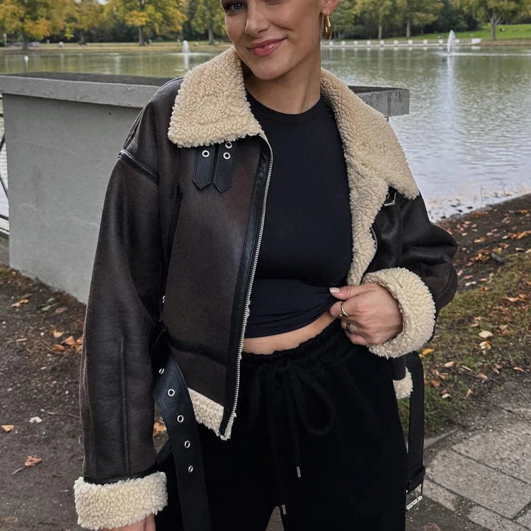 TRAFZA 2023 Women Fashion Thick Warm Lambs Wool Jacket Coat Vintage Long Sleeve Zipper Jackets Female Outerwear Chic Tops