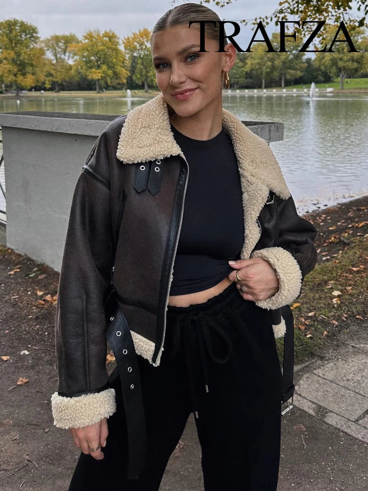 TRAFZA 2023 Women Fashion Thick Warm Lambs Wool Jacket Coat Vintage Long Sleeve Zipper Jackets Female Outerwear Chic Tops
