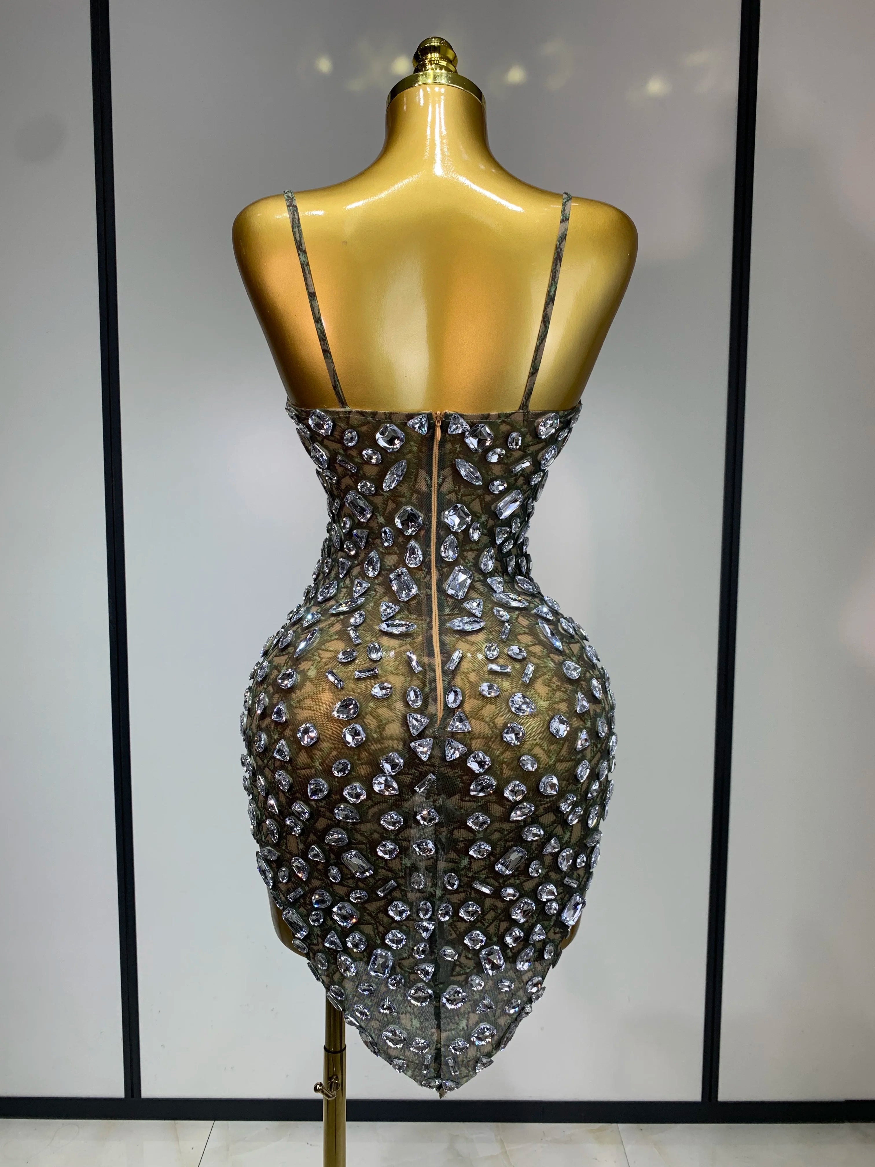 Luxury Diamond Mesh See Through Stretch Bodycon Dress Women Sexy Sleeveless Evening Party Birthday Celebrate Perform Costume