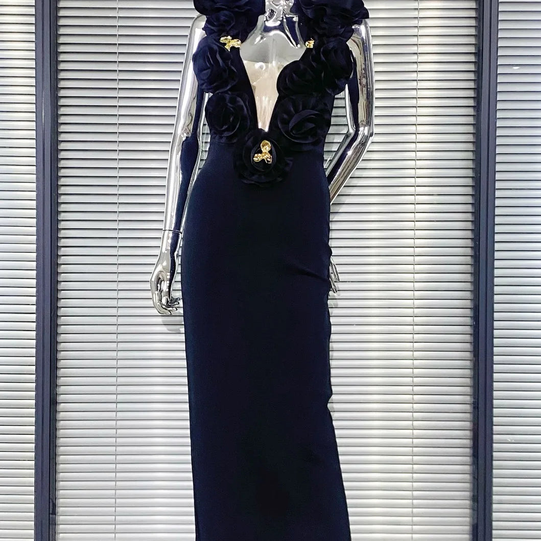 Vestido longo de bandagem floral colado ao corpo, sexy, tomara que caia, preto, de alta qualidade, para festa à noite, boate