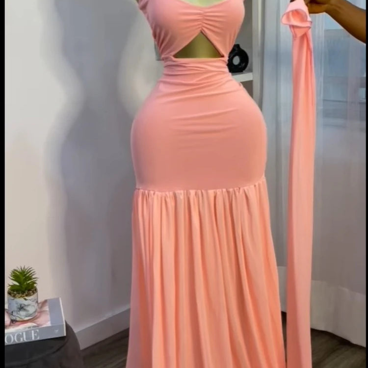 CM.YAYA Women Sleeveless Strap Ruched V-neck Pleated Side Split A-line Midi Maxi Long Dress 2025 Birthday Sexy Party Dresses