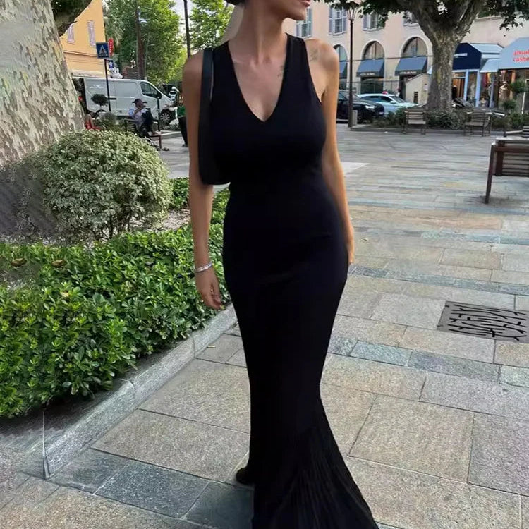 Tossy Knitted V-neck Elegant Long Dress Sexy Sleeveless Slim Stitching Folds Beach Vacation Female White Dress Knitwear Outfits Black