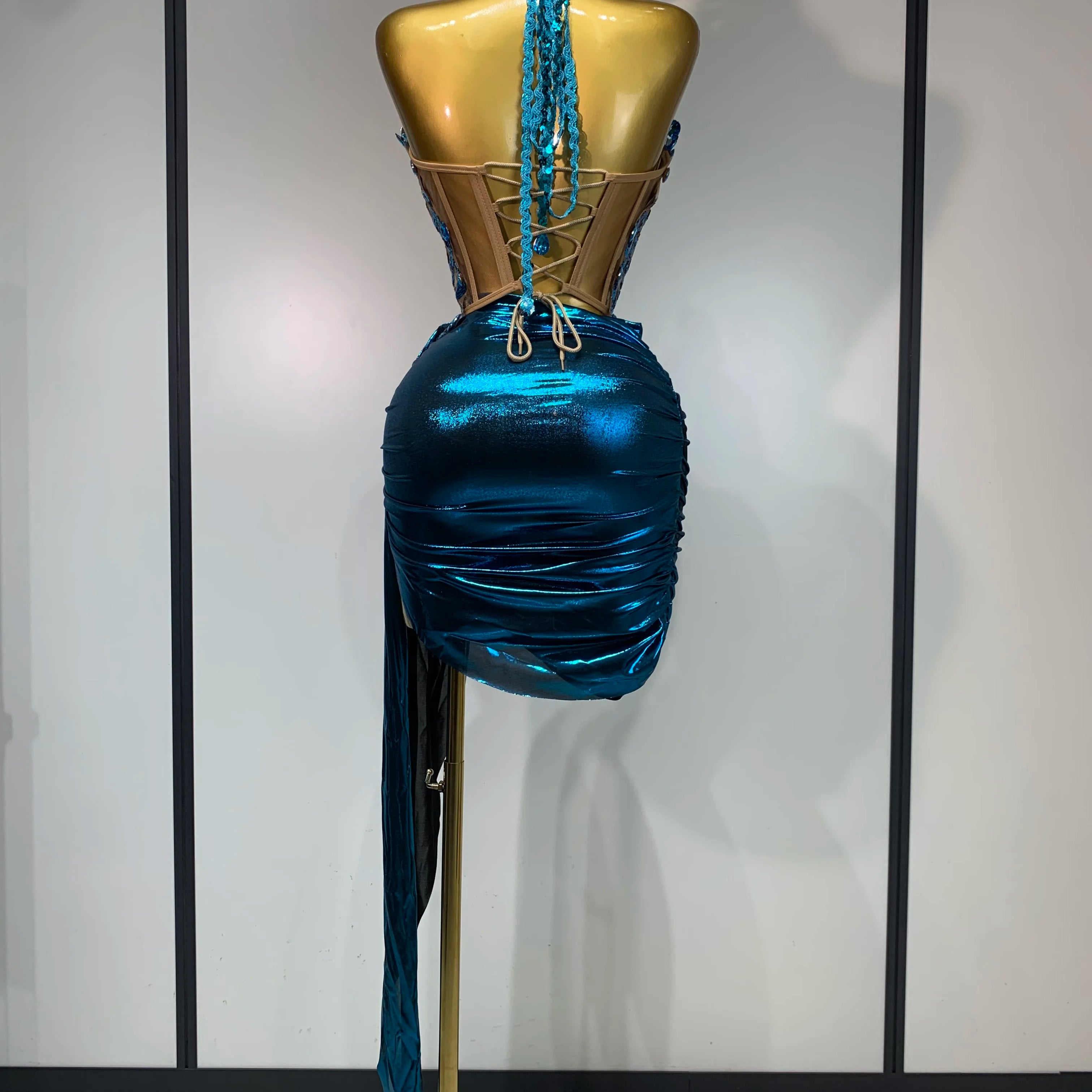 Ensemble haut et jupe sexy dos nu à paillettes et strass de luxe pour soirée, bal de promo, boîte de nuit, chanteur, tenue de scène, 2025