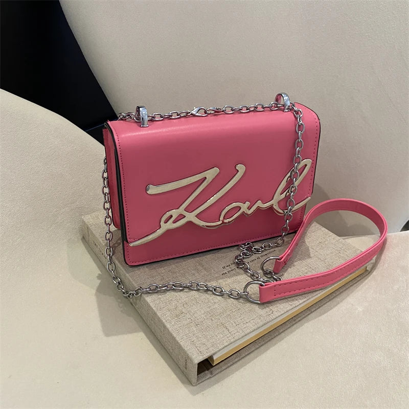 Fashionable Crossbody Bag Solid Color Shoulder Bag Metal Letter Logo ChainLink Strap Featuring Magnetic Button for Daily Use