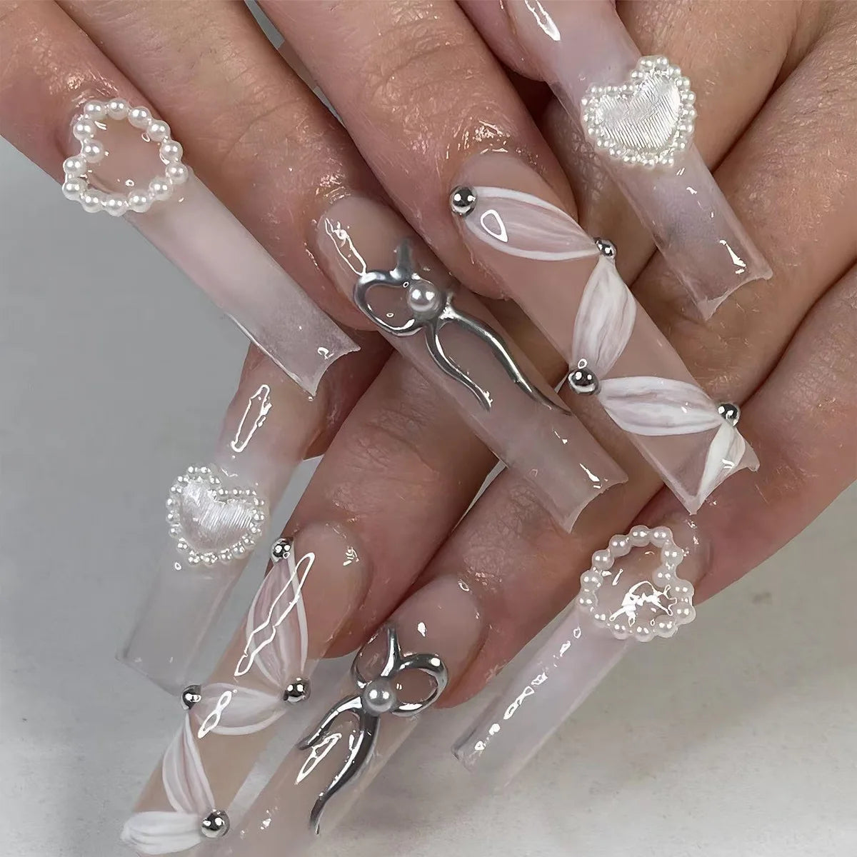 24Pcs French Tip Press on Nails Long Glitter Rhinestone False Nails Wearable Y2k 3D Bow Tie Designs Fake Nails with Jelly Glue