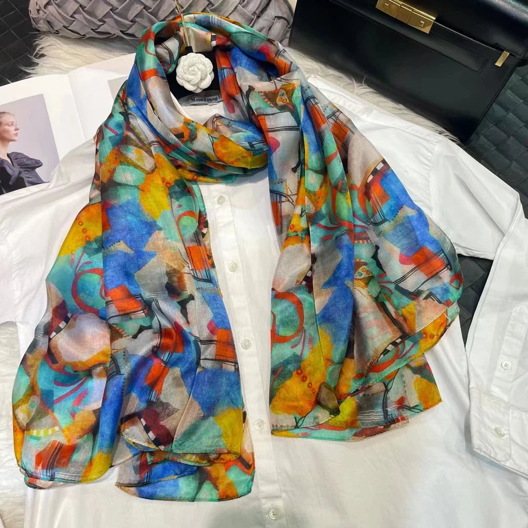 white100% Silk Scarf Women Scarves Bufandas Summer Beach Shawls Foulard Fall Winter Brand Flower Design Long Neck Scarves Hijabs blue orange