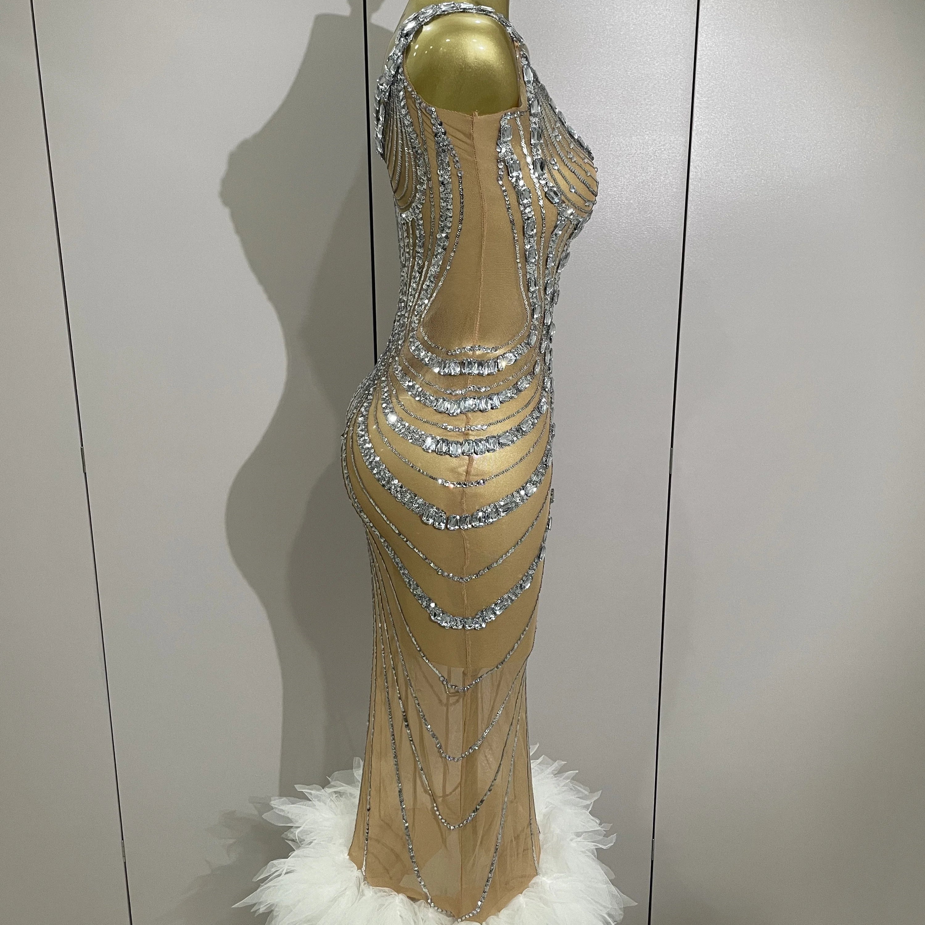 Luxury Sexy Silver Rhinestone Mesh See Through Long Dress 2025 New Women Birthday Party Prom Gown Singer Nightclub Stage Costume