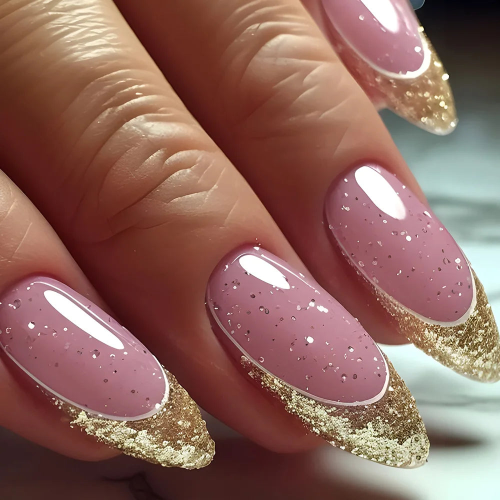 24pcs/set short middle fake nails super sparkling glitter flowers starry sky ballet square almond tips press on false nails art