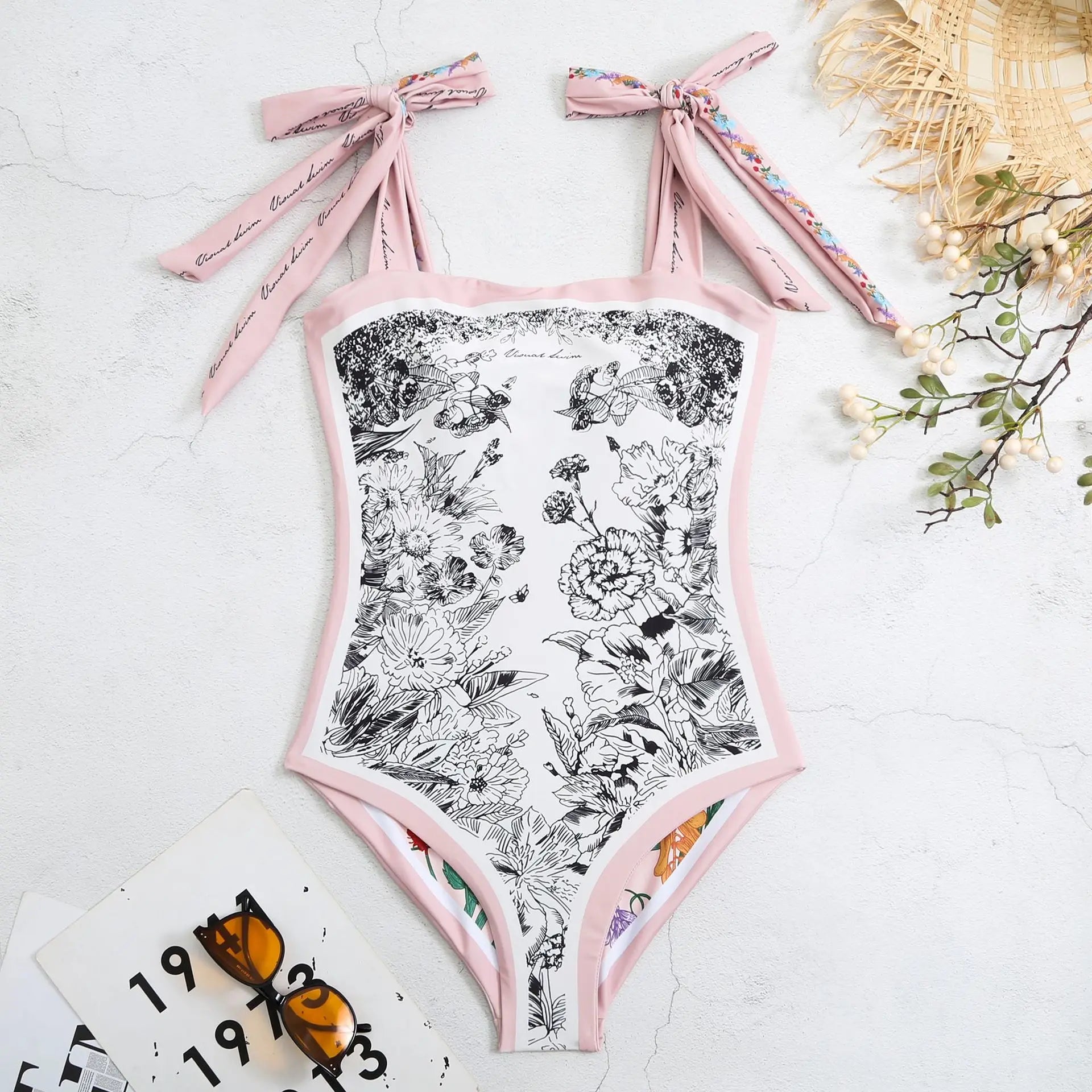 Y2K Fashion Women Floral One Piece Swimsuits Reversible Tie Shoulder Monokini Tummy Control Bathing Suits Square Neck Swimwear