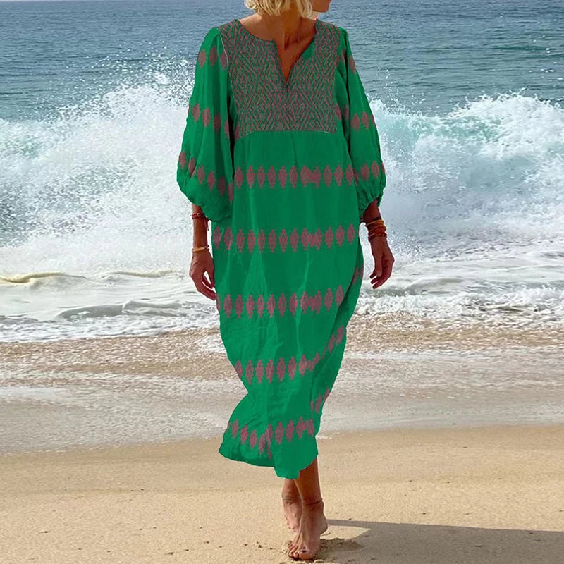 Womens Ethnic Retro Geometric Print Long Dress Spring 3/4 Lantern Sleeve A-Line Party Dress Summer V Neck Loose Beach Boho Dress Green