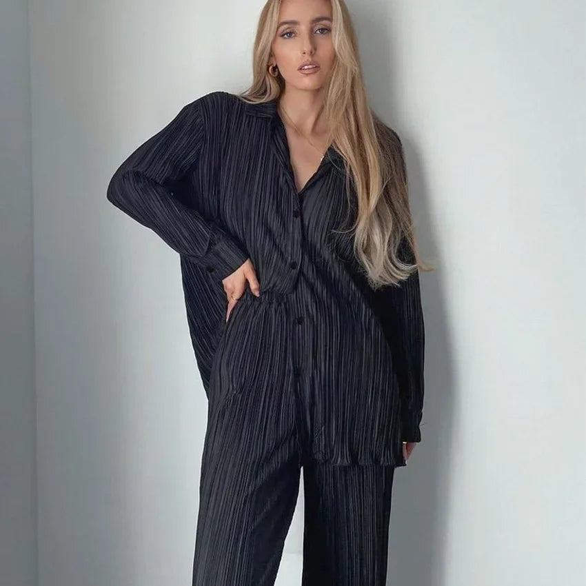 CM.YAYA Pleated Solid Women Set Long Sleeve Shirts and Straight Wide Leg Pants Suits Tracksuit Two Piece Set Fitness Outfits