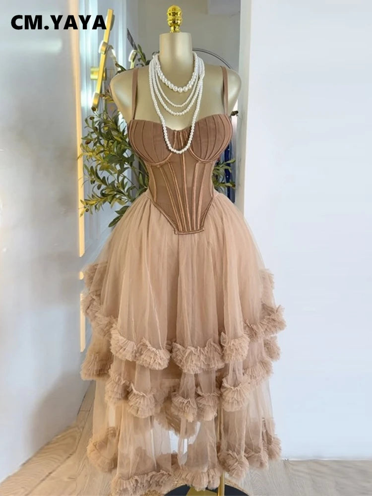 CM.YAYA Women's Dress Set Sleeveless Strap Tops and Pleated Tiered Skirts Suit Elegant Vacation Birthday Two 2 Piece Set Outfits