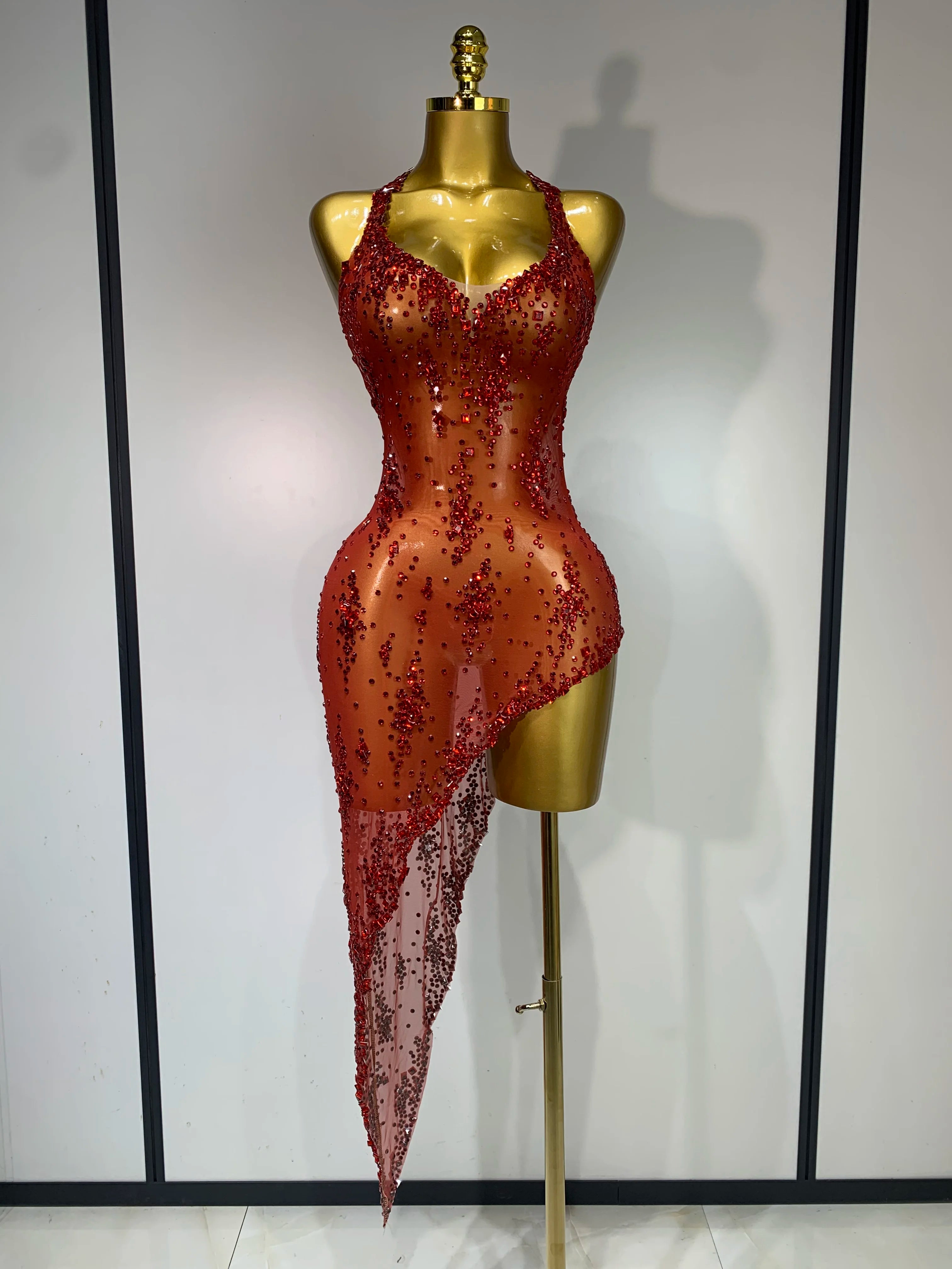 Women Sexy Luxury Birthday Prom Gowns Sparkly Diamond See Through Mesh Stretch Asymmetrical Dress Celebrity Elegant Stage Outfit