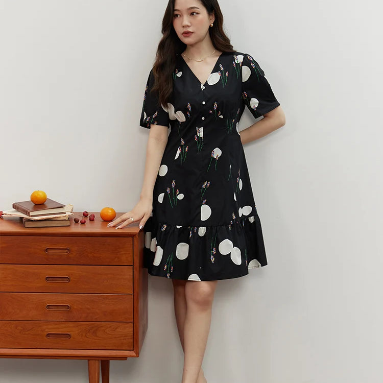 Niche Color Contrast Design Printed V-neck Dress for Women Summer Special X-shaped High Waist Light Dress Female