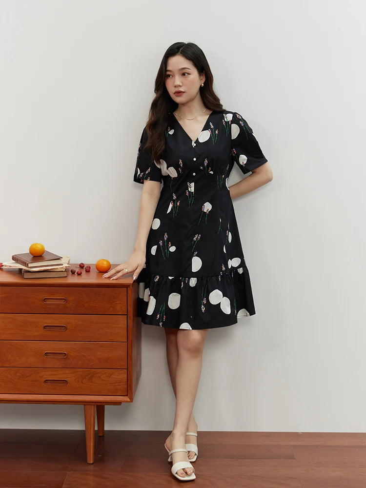 Niche Color Contrast Design Printed V-neck Dress for Women Summer Special X-shaped High Waist Light Dress Female
