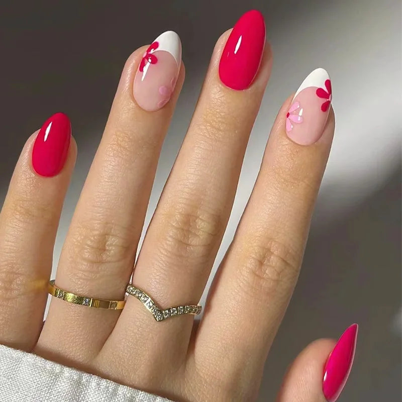 24Pcs Gradient Pink Nails Set Press on Cute French Press on False Nails Flower Design Wearable Almond Full Cover Fake Nail Tips