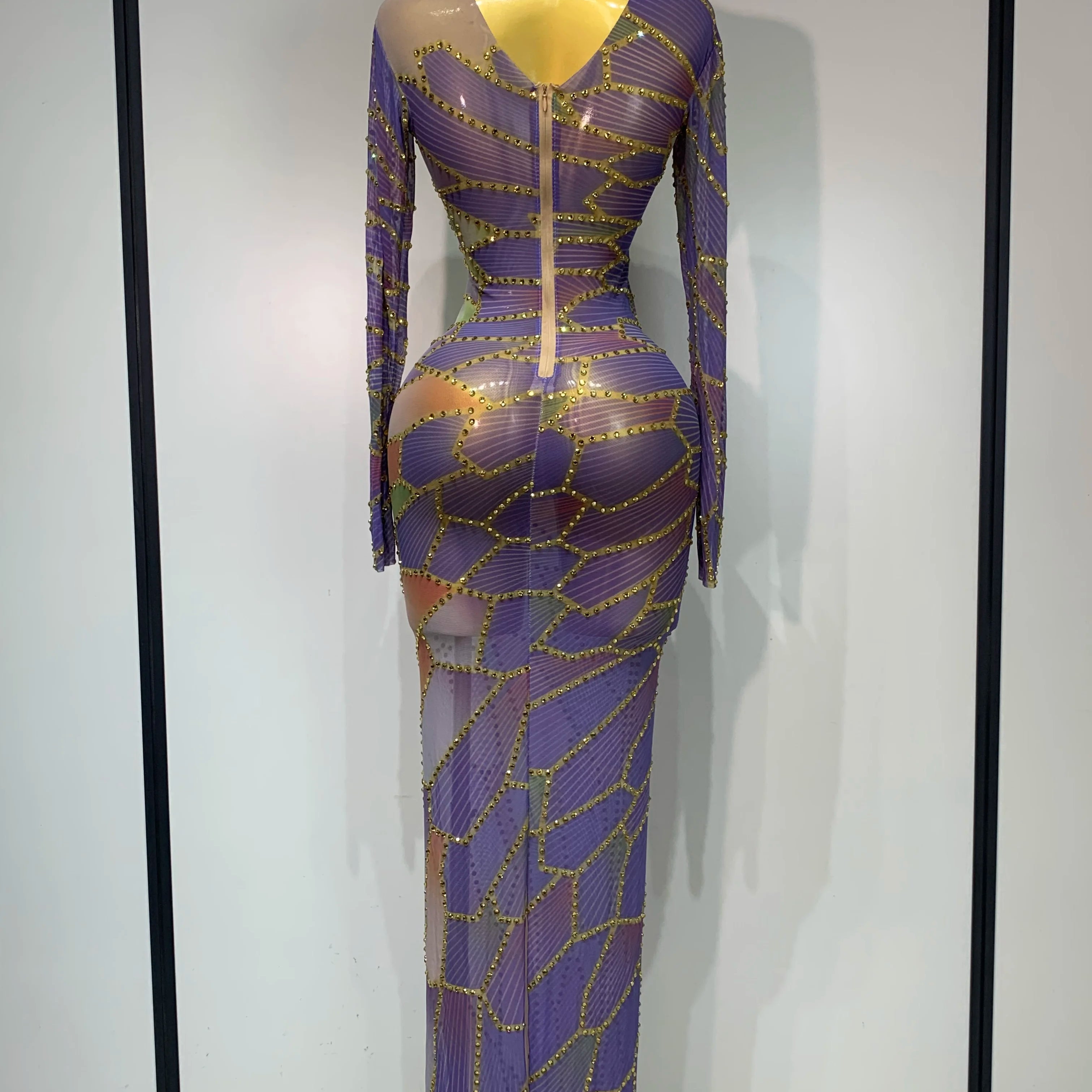 Sparkly Rhinestone Stretchy Mesh See Through Dress Women 2025 Performance Dancer Costume Luxury Birthday Nightclub Stage Outfit