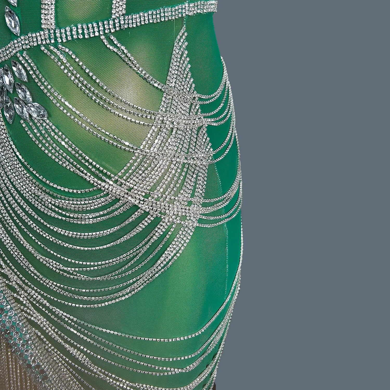 Women Green Crystal Chain Diamonds Dress Elastic Sexy Mini Night Club Performance Costume Birthday Party Dress Tassel Liehu