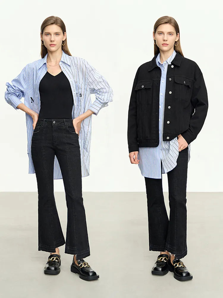 Minimalist Black Women Jeans Autumn Slim Ankle-length New Pants Asymmetrical Flare Retro Casual Trousers