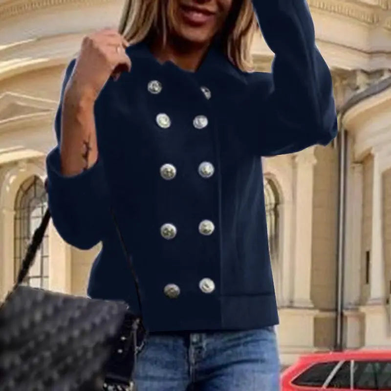 Warm Long Sleeve Outwears Women Tweed Coat Winer England Style Thin Trench Coat Casual Buttons Commuting Jackets Dark Blue