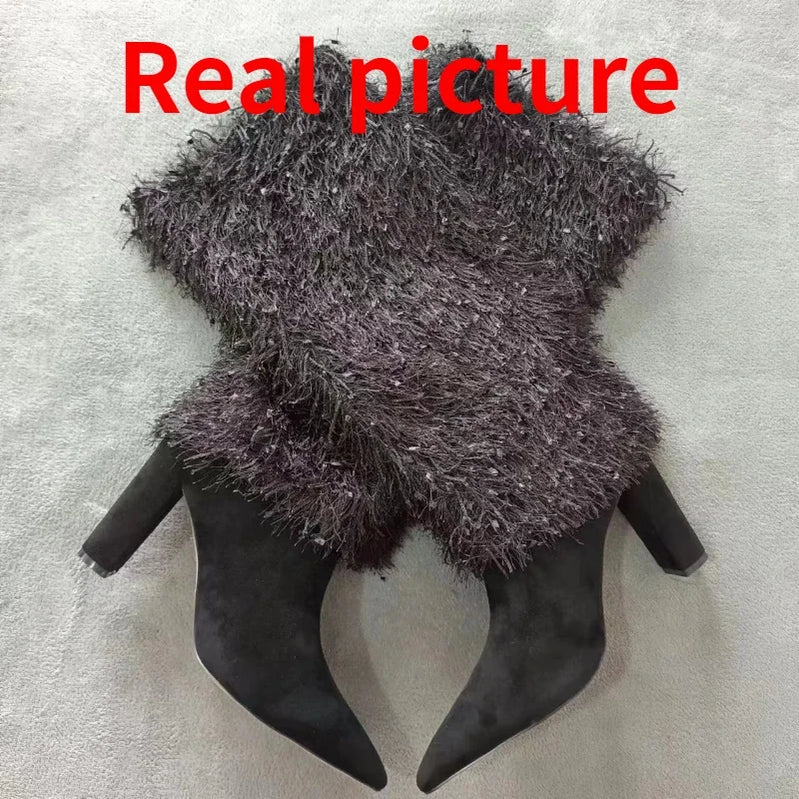 Winter High Heels Tassel Pants Boots for Women Sexy Pointed Toe Denim Knee High Boots Big Size Shoes 42 43 45