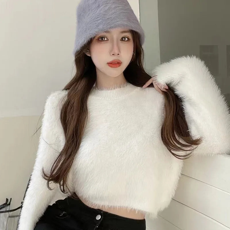 Women Sweater Top Faux Mink Hairy Pullover O Neck Long Sleeve Loose Short Sweater Lady Casual Soft Warm Jumper Knitted Tops W one size