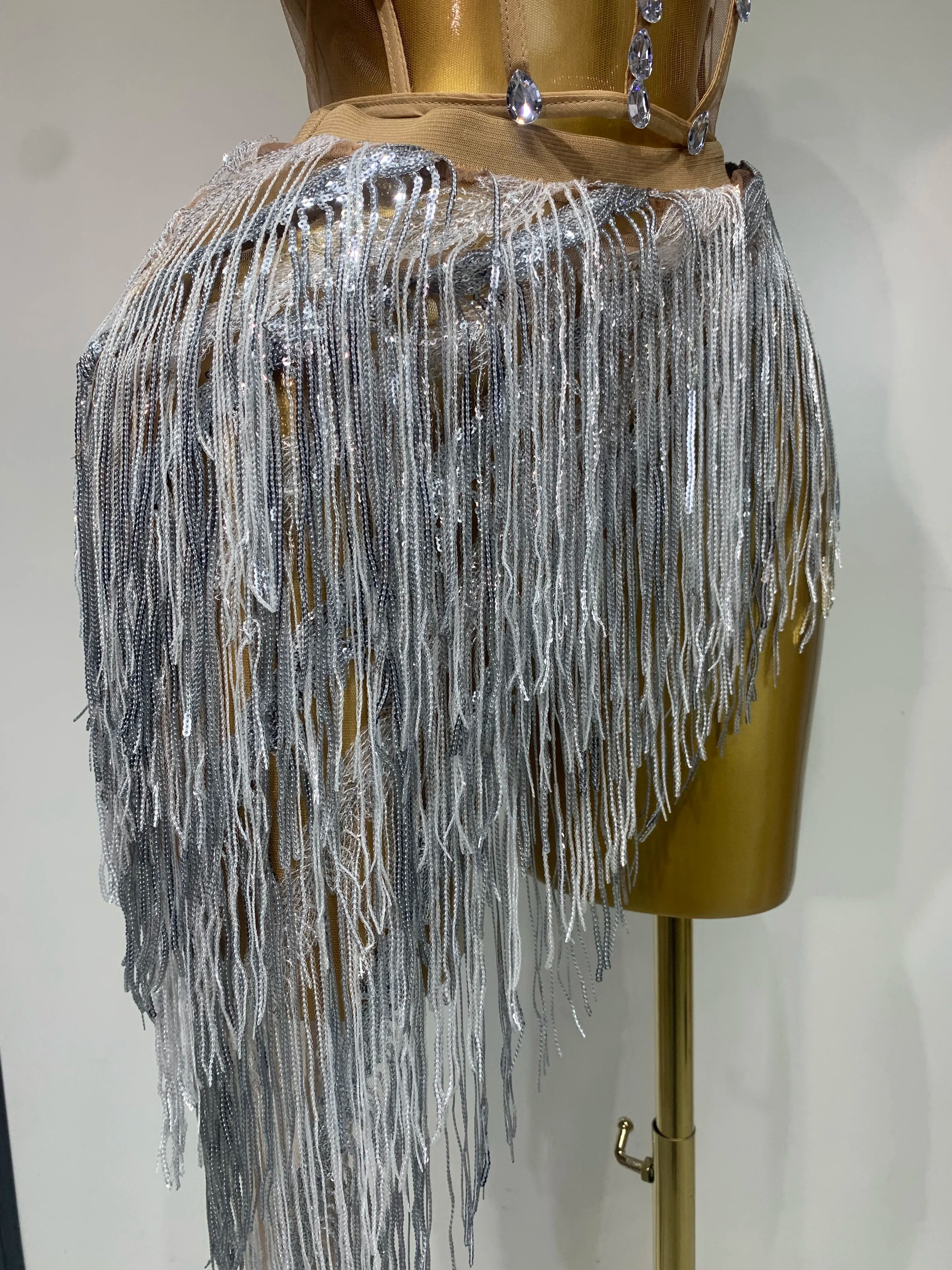 Women Sexy Singer Dancer Performan Costume Nightclub Bar Girl Sparkly Diamond Tassel Two Piece Set Evening Party Birthday Outfit