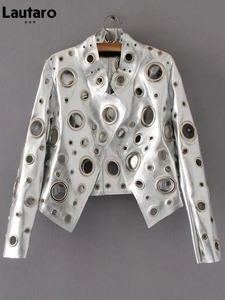 Runway Cut Out Short Faux Leather Jacket Golden Rivet Cool Stylish Designer Clothes Women European American Fashion