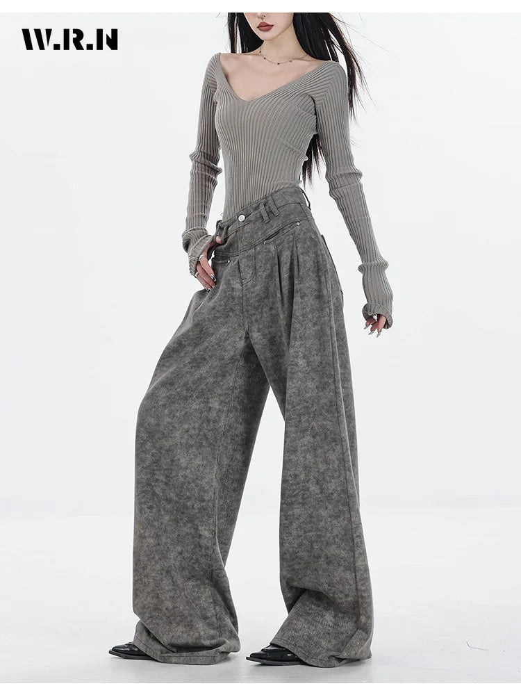 Spring Women's Casual Y2K Grunge Punk Style Denim Trouser American Retro High Waist Straight Jeans Pockets Hip-hop Pants