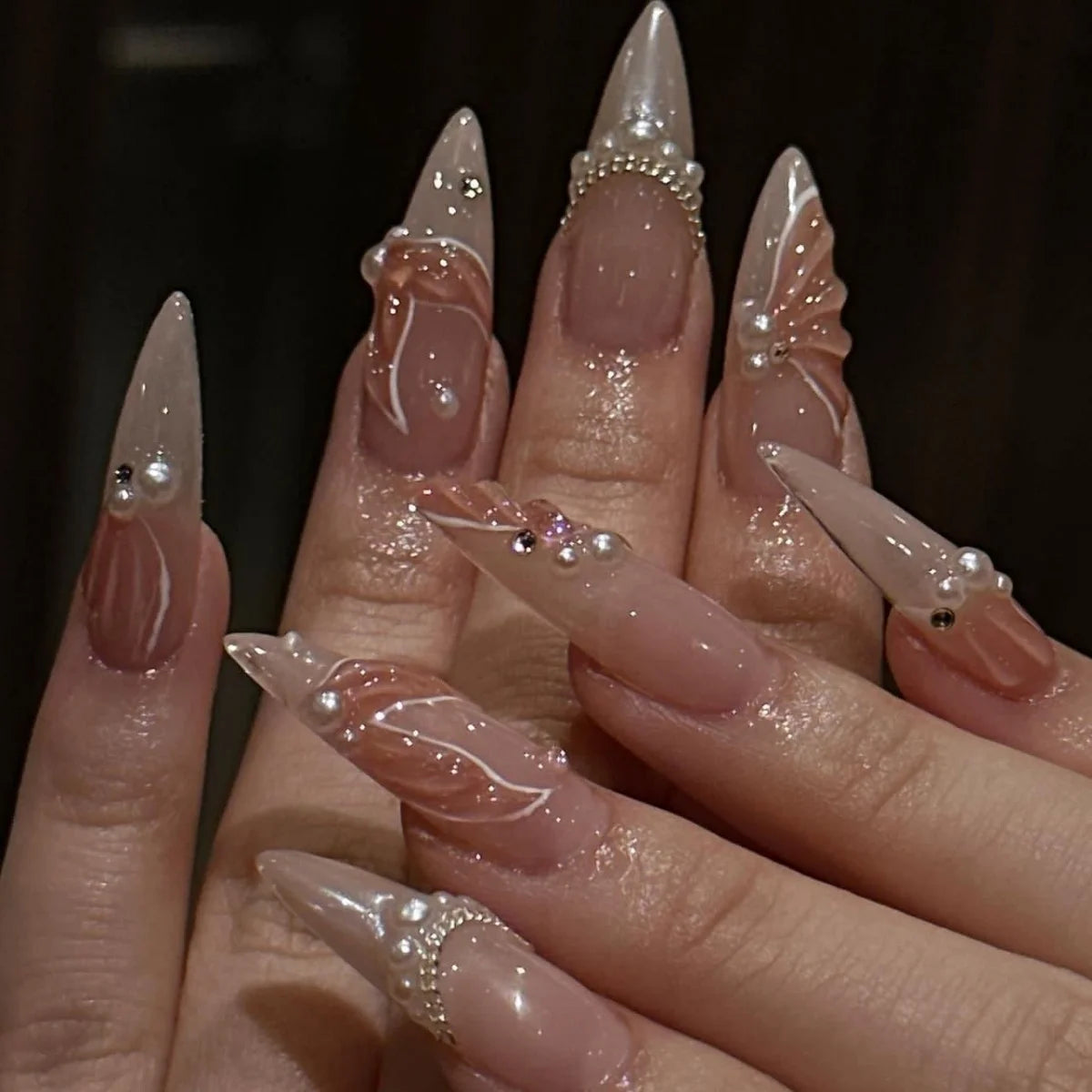 24pcs Long Stiletto Press on Nails Gradient Blue Full Cover Wearable Almond False Nails with Bow Rippled Design Fake Nail Sets