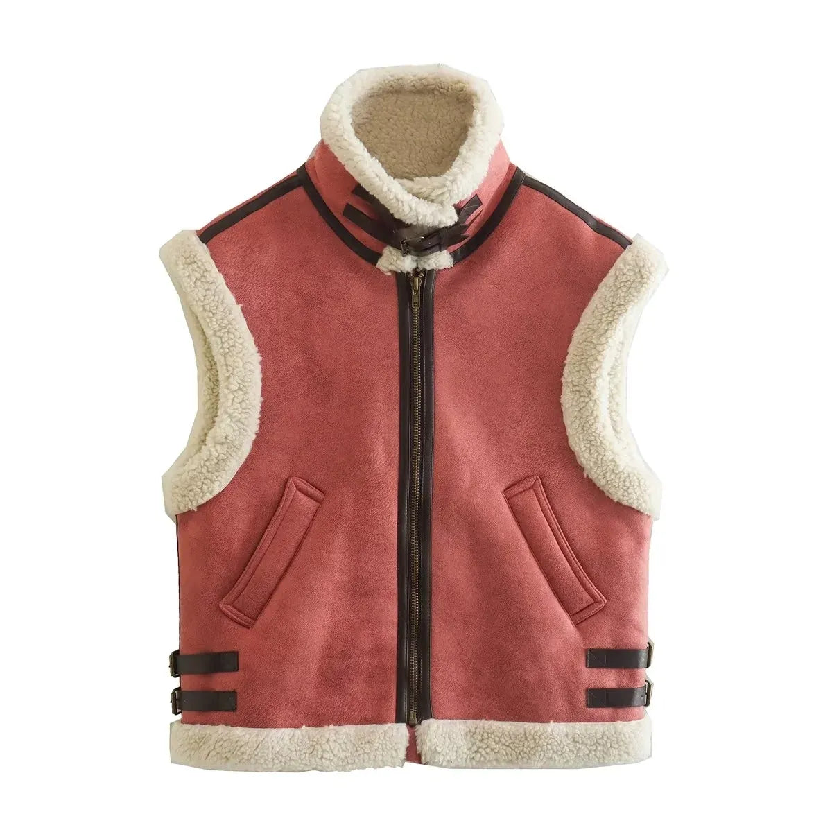 TRAFZA Winter Fur Vest Women Faux Sheepskin Fur Waistcoat Chic Lady Faux Leather Fleece Warm Vest Woman Sleeveless Jacket red